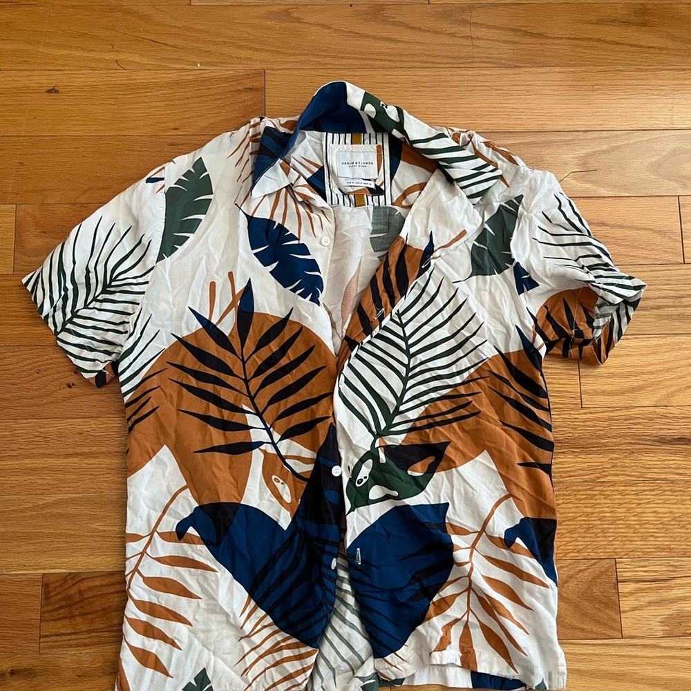 Denim & Flower Men's Leaf Print Shirt - Navy, Green, Brown